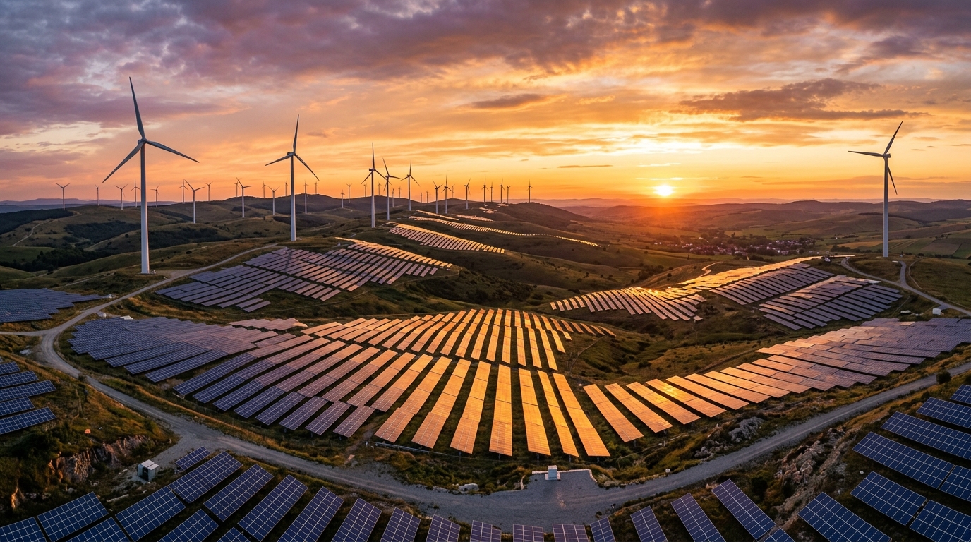 Solar energy and wind farm at sunset